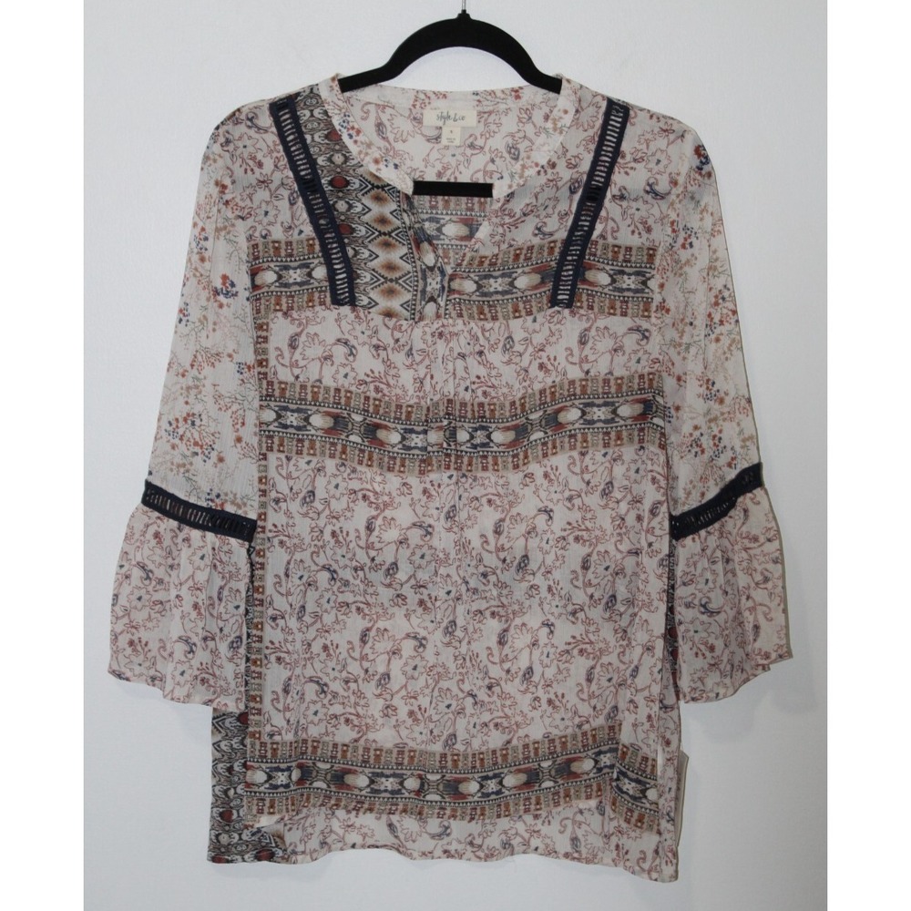 Style & Co Women's Multicolor 3/4 Sleeve Boho Blouse S NWT